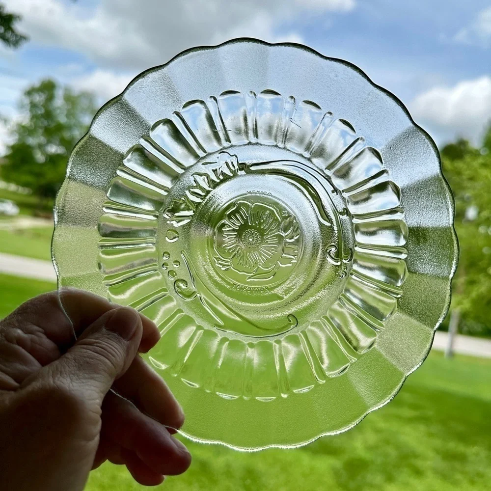 SET/6, NOVACRISA MEXICO, WILD ROSE FLORAL BLOSSOM, CLEAR BOWL WITH FROSTED RIM